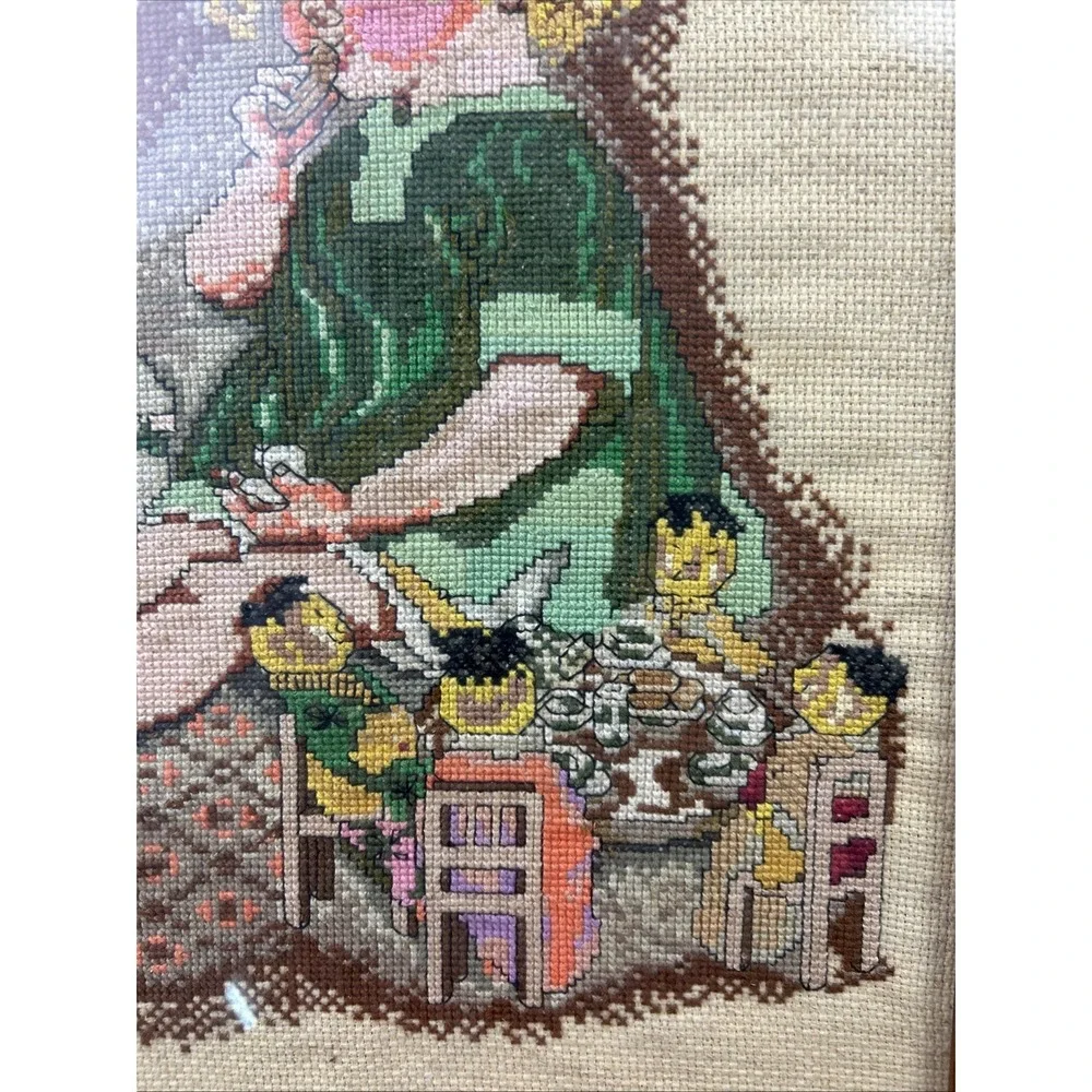 Vtg Framed‎ Needlepoint Cross Stitch Old Fashion Girl Toys Wall Decor Art